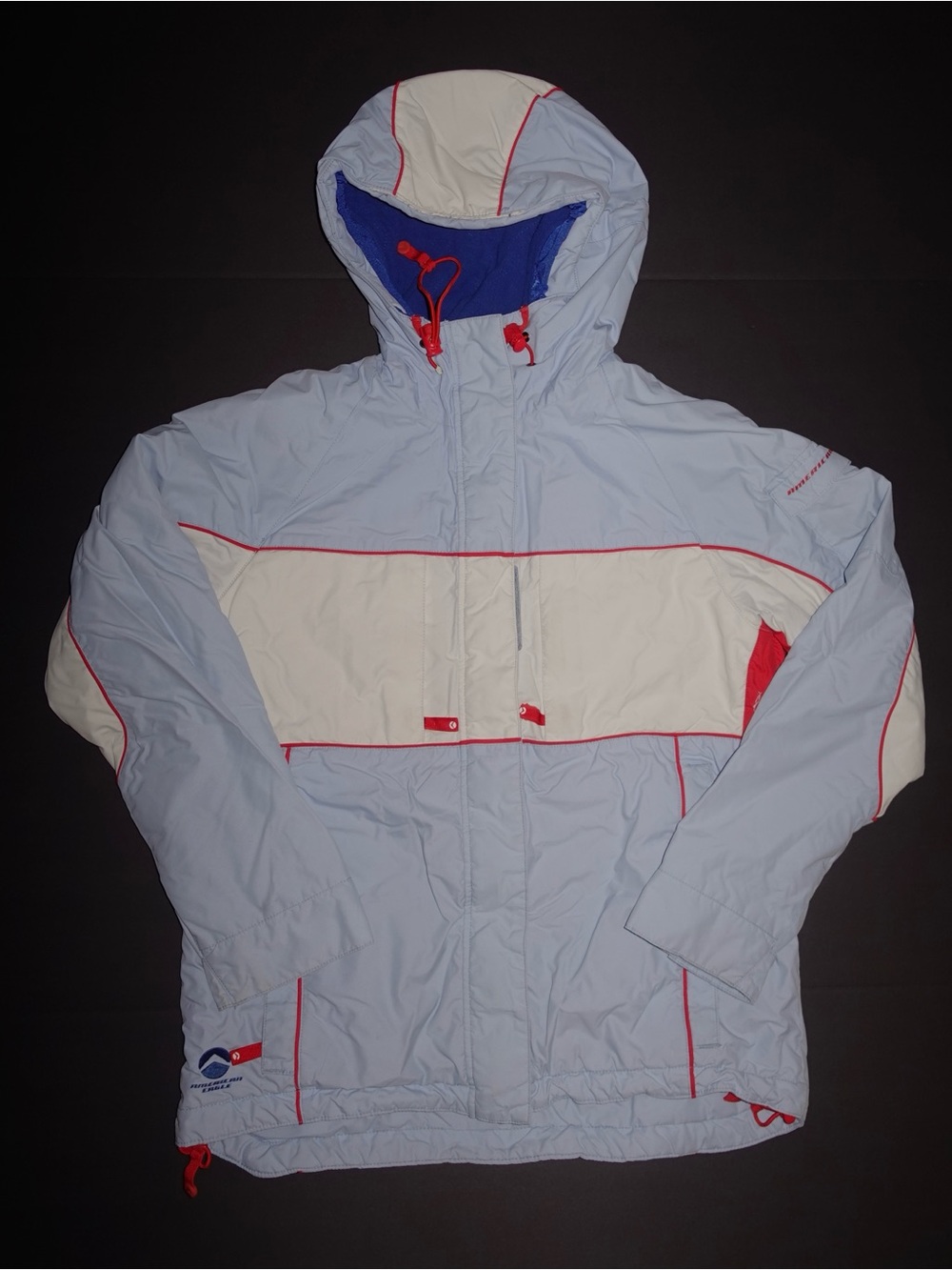 American Eagle Outfitters Light Blue, White & Red Hooded Puffer Jacket